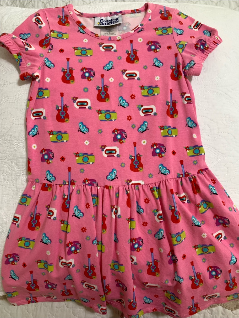Country Daisies Pink Guitar & Camera Print Girls' Dress